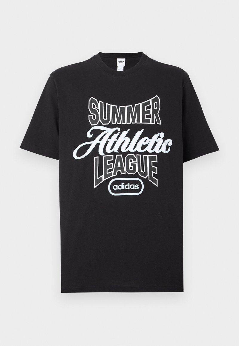 Czarna koszulka Adidas z białym napisem „Summer Athletic League” i logo Adidas poniżej, wyśrodkowane na klatce piersiowej.