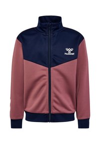 Täysipitkä vetoketjullinen urheilu takki, jossa on laivastonsininen ylärinta ja kaulus, mauve-henkiset hihat ja vartalo, sekä hummel-logo vasemmassa rinnassa.