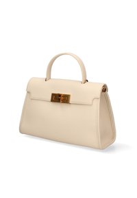 Beige leren handtas met een gestructureerde vorm, bovenhandgreep en een gouden sluiting. Kenmerkt zich door een textuurafwerking en een minimalistisch ontwerp.