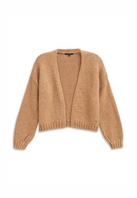 Strickjacke in Hellbraun, offenes Design mit weit geschnittenen Ärmeln, geripptem Saum und kleinen Perforationen an den Ärmelsäumen. Strukturiertes Gewebe.