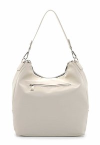 Bolso tipo hobo en suave y texturizado cuero sintético color crema. Presenta un bolsillo con cremallera plateado y correa ajustable, silueta redonda y un hardware minimalista.