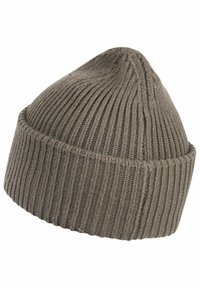 Gray beanie hat made of ribbed knit material. It features a rounded top and a folded cuff for a secure fit.