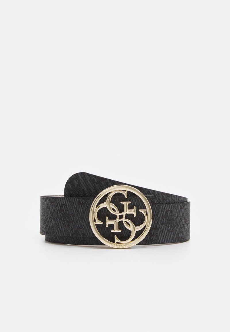 Ceinture en cuir noir avec un motif monogramme subtil et grande boucle ronde dorée avec des lettres entrelacées "G" et "S".