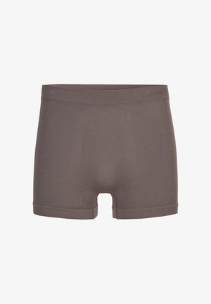 Bezszwowe męskie bokserki w kolorze brązowo-szarym z szerokim elastycznym pasem w talii oraz gładką, elastyczną fakturą tkaniny.