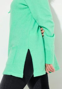 Ljusgrön tröja i mjukt tyg, med sidssprund, ribbade muddar och en framficka. Bärs över mörka jeans.