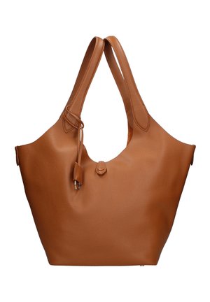 Borsa tote in pelle marrone con doppi spallacci e un piccolo fiocco decorativo annodato su un lato.