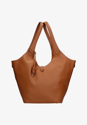 Borsa tote in pelle marrone con doppi spallacci e un piccolo fiocco decorativo annodato su un lato.