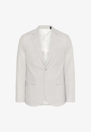 Gai pelēks žakets, kas izgatavots no lina un vilnas maisījuma, ar iegrieztu apkakli, divām priekšējām kabatām un divu pogu aizdari, kā arī gludu iekšējo oderi.