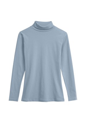 Hellblaues Rollkragenoberteil mit langen Ärmeln. Hergestellt aus weichem, glattem Stoff mit hohem Kragen. Einfaches Design, ohne Muster oder Akzente.