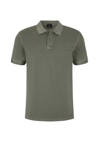 Korte mouwen polo shirt in olijfgroen katoen. Voorzien van een knoopsluiting en contrasterende kraagstiksels. Glad textuur, casual pasvorm.