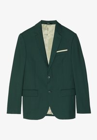Dunkelgrüner Blazer mit Revers, zwei Fronttaschen und einem Knopfverschluss. Das Innenfutter ist aus hellem beigen Satin.