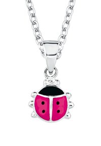 Ciondolo a forma di coccinella rosa e nera su una catena argentata, con dettagliati puntini, finitura in smalto lucido e un gancio in argento lucido.