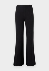 Pantalons noirs évasés avec une silhouette à jambes larges, taille élastique et texture lisse. Pas de motifs visibles ni de détails en métal.