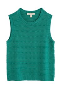 Green knitted tank top with a round neckline. Features horizontal stripes of varying thickness and a ribbed hem. Made from organic cotton.