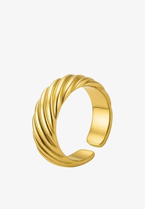 Anillo abierto tipo brazalete de tono dorado con textura de cuerda retorcida, con interior liso y acabado pulido brillante.