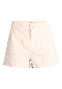 Shorts beige clair en tissu mélange de coton, avec une taille haute, deux poches avant, une fermeture à bouton unique et des détails cousus.
