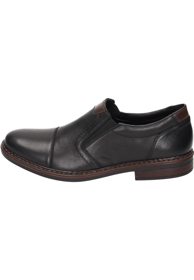 Black leather slip-on shoe featuring a rounded toe, contrasting brown accent on the heel, and decorative stitching along the sides.