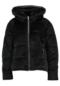 Czarna pikowana kurtka z błyszczącą, miękką fakturą, zapięciem na zamek błyskawiczny z przodu oraz dużym, grubym kapturem. Posiada boczne kieszenie i poziomy wzór pikowania.