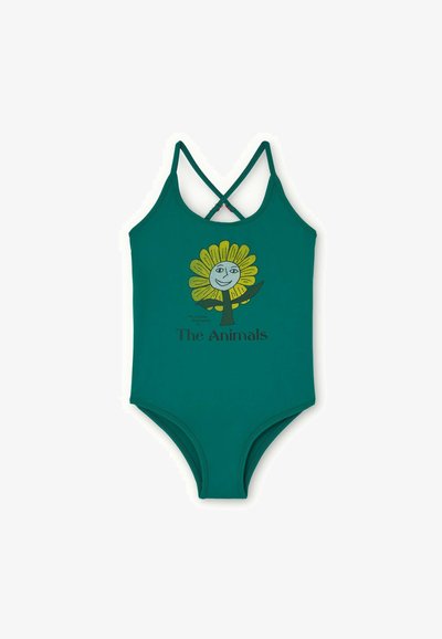 Maillot de bain teal avec des bretelles croisées, arborant un graphique d'une fleur souriante avec des pétales jaunes et le texte "Les Animaux" en dessous.