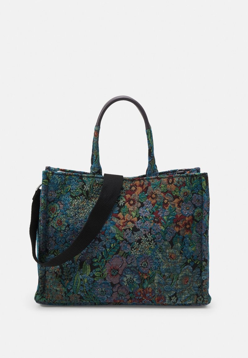 Floral tote bag with a tapestry design in various colors including blue, green, red, and purple. Features dual handles and a detachable strap.