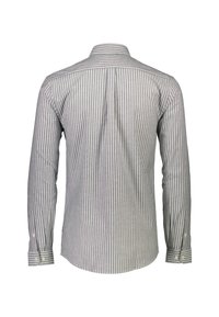 Striped long-sleeve shirt featuring horizontal and vertical light gray stripes on a dark gray background, with button cuffs and a classic collar.