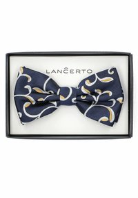 Granatowy muszka z białym i złotym wzorem w spirale, wykonana z fakturowanej tkaniny, prezentowana w czarnym pudełku oznakowanym napisem "Lancerto."