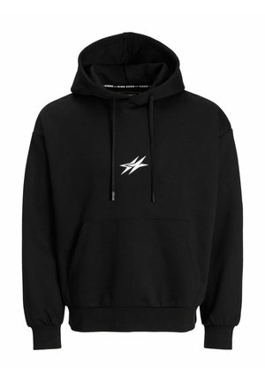 Schwarzer Kapuzenpullover aus Baumwollmischung. Mit einer vorderen Kängurutasche und einem weißen Blitz-Logo auf der Brust.
