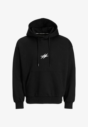 Black hooded sweatshirt made of cotton blend. Features a front kangaroo pocket and a white lightning bolt logo on the chest.