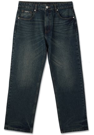 Rovné tmavomodré rifle z denimu s gombíkom a zipsom na zapínanie, prednými vreckami a jemným vyblednutým vzhľadom.