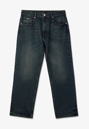 Proste spodnie dżinsowe z ciemnoniebieskiego denimu, zapinane na guzik i suwak, z przednimi kieszeniami i delikatnym efektownym przetarciem.