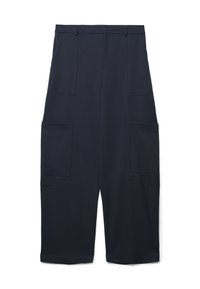 Marineblaue Cargo-Hosen aus leichtem Stoff, mit großen Seitentaschen, geradem Schnitt und einer Länge bis zur Mitte der Waden.