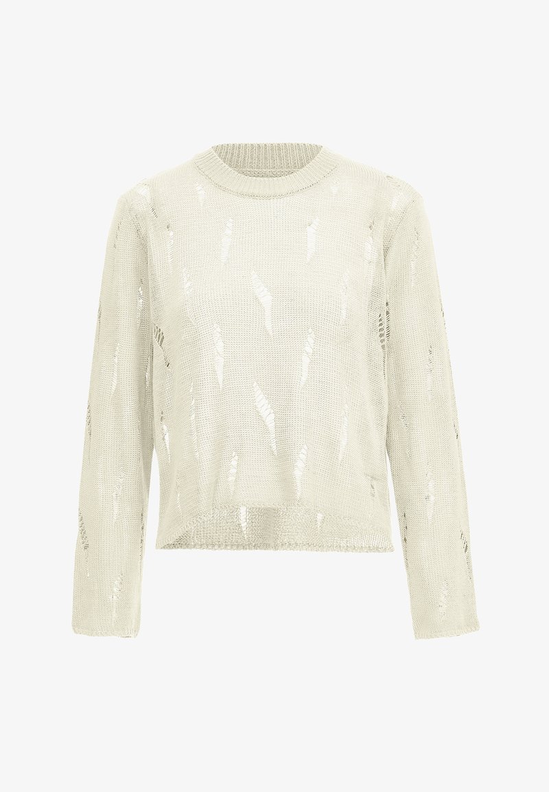 Maglione lavorato a maglia verde chiaro con maniche lunghe, caratterizzato da un motivo testurizzato di fessure verticali e un collo rotondo. Design corto.