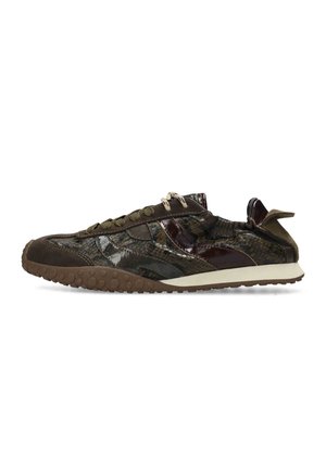 Low-profile brown and dark green athletic shoe with textured sole, laces, and pull tab at the heel, shown from the side on a white background.