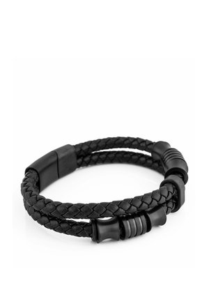 Black braided leather bracelet with double strands and matte black cylindrical magnetic clasp and decorative rings.