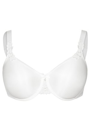 White underwire bra with lace accents, smooth fabric, molded cups, adjustable straps, and a small bow detail at the center front.