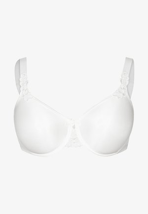Witte onderwire bh met kanten accenten, gladde stof, voorgevormde cups, verstelbare bandjes en een kleine strikdetail aan de voorkant.