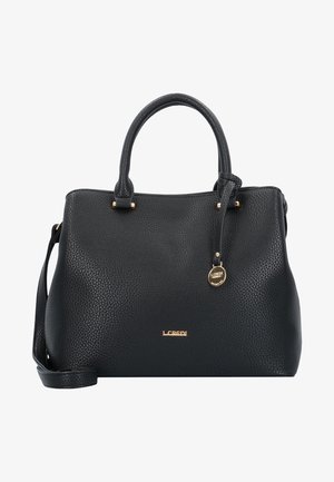 Black textured leather handbag with a rounded shape, gold-tone hardware accents, double top handles, and a detachable shoulder strap.