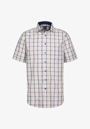 Camicia a maniche corte con bottoni di colore beige con motivo a quadri blu. Presenta un colletto blu scuro e bottoni blu a contrasto. Texture di cotone morbido.