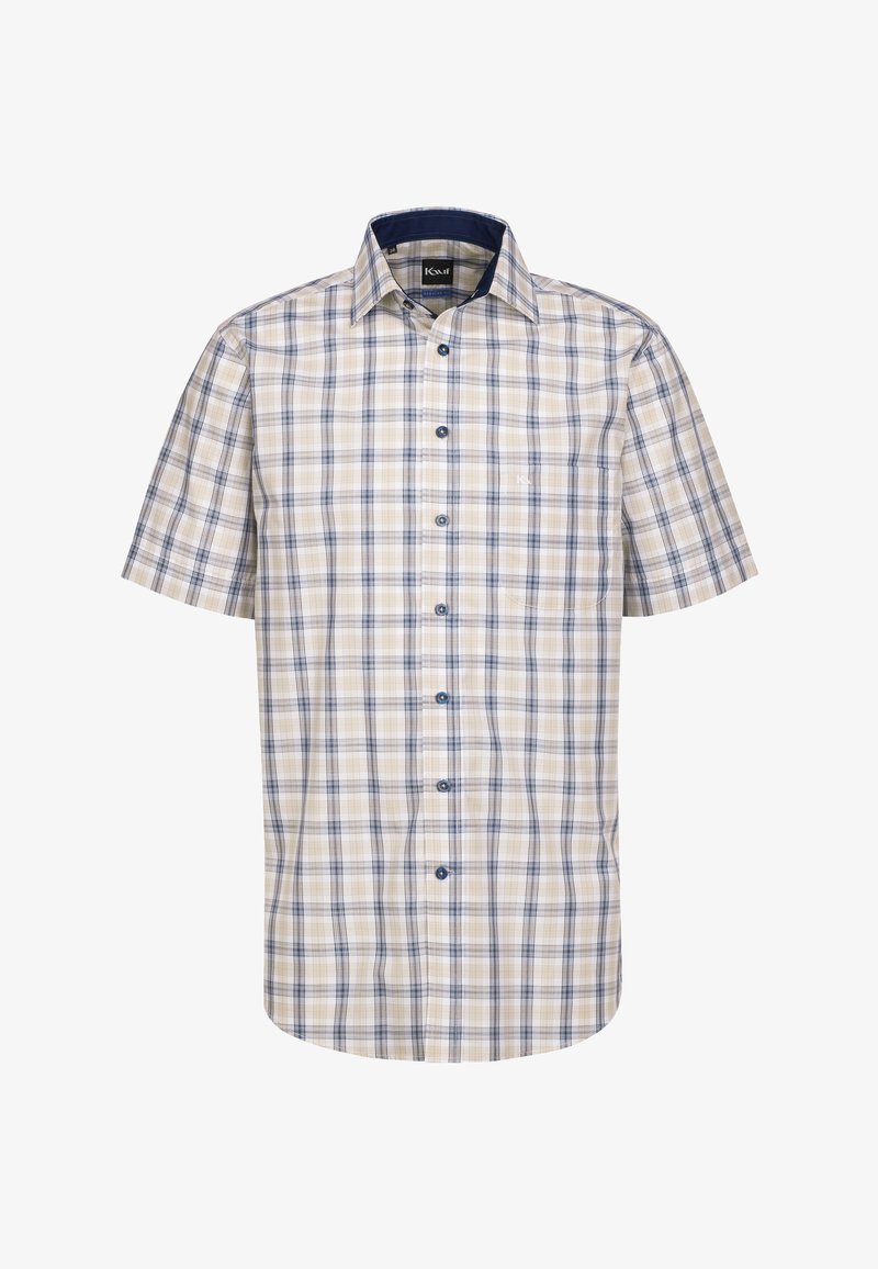 Camicia a maniche corte con bottoni di colore beige con motivo a quadri blu. Presenta un colletto blu scuro e bottoni blu a contrasto. Texture di cotone morbido.