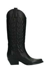 Zwarte leren cowboylaars met zigzagstiksels, spitse neus en een lage blokhak. Beschikt over een trekband aan de bovenkant voor gemakkelijk aan- en uittrekken.