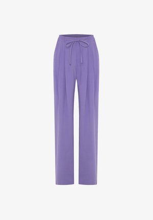 Lila, weit geschnittene Hose mit Kordelzugbund, die über vertikale Falten und eine glatte Stoffoberfläche verfügt. Lässiges Design für Komfort.