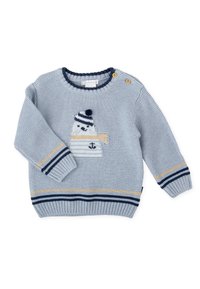 Suéter de punto azul claro con rayas marino y amarillas, que presenta un gráfico de oso polar y botones en el hombro para facilitar el vestido.