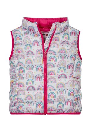 Gewatteerde bodywarmer met een witte basis, kleurrijke regenboogpatronen, roze accenten en een ritssluiting aan de voorkant. Lichtgewicht en mouwloos ontwerp.