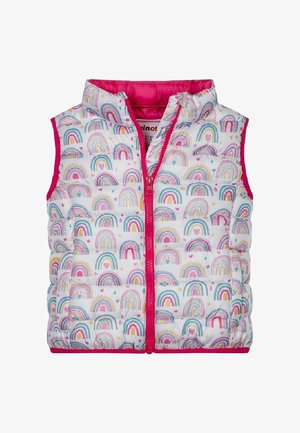 Polstret vest med hvid base, farverige regnbuemønstre, rosa detaljer og lynlås foran. Letvægts- og ærmeløs design.