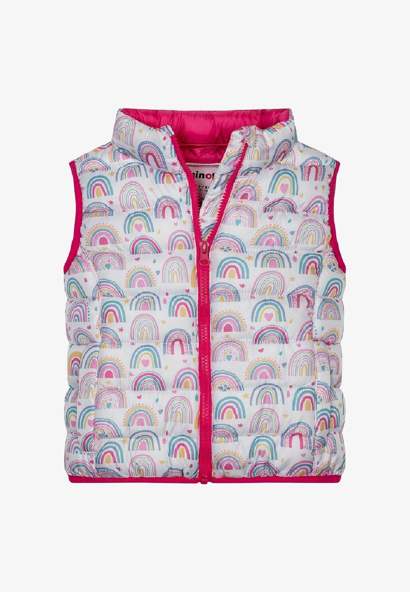 Polstret vest med hvid base, farverige regnbuemønstre, rosa detaljer og lynlås foran. Letvægts- og ærmeløs design.