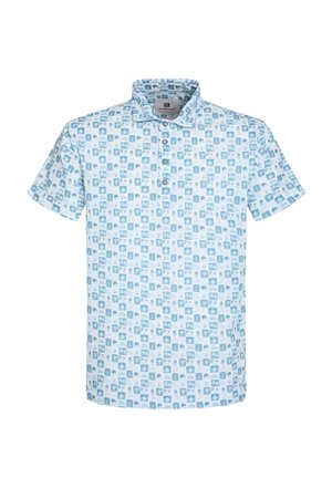 Short-sleeve polo shirt in light blue with a grid pattern of various small, abstract designs. Features a front button placket and classic collar.