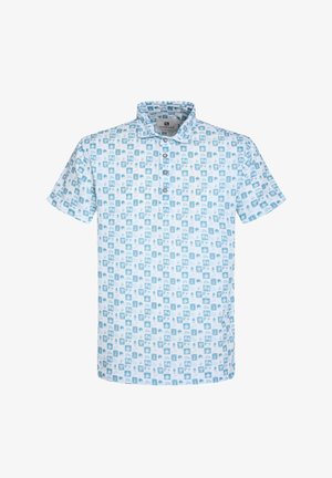 Kurzärmliges Poloshirt in Hellblau mit einem Gittermuster aus verschiedenen kleinen, abstrakten Designs. Es hat eine Knopfleiste vorne und einen klassischen Kragen.