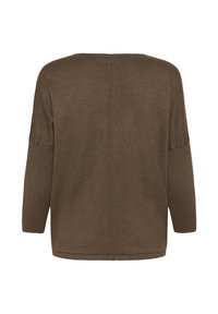 Brauner gestrickter Pullover mit lockerer Passform, 3/4-Ärmeln und geradem Saum. Mit einer Mittelnaht auf der Rückseite. Weiche Textur, minimales Design.