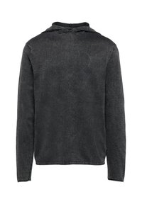 Haut noir à capuche, en tissu mélangé de coton doux, coupe décontractée, manches longues, capuche avec cordon de serrage, couture visible le long de l'ourlet et des poignets, légèrement texturé.