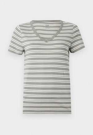 Herre grå og hvide horisontale stribede kortærmede V-hals bomulds T-shirt.